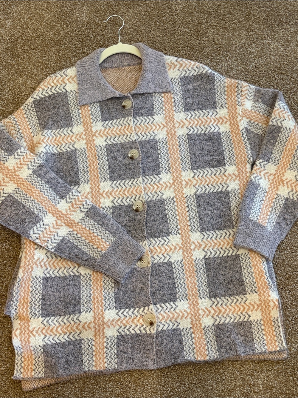 Cozy Plaid Button-Up Cardigan in Gray and Beige